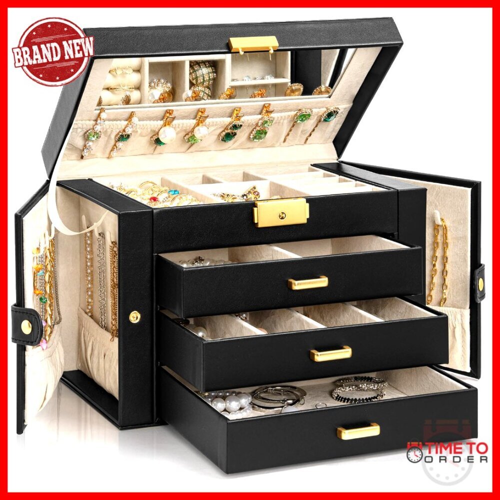Large Leather Jewelry Box with Lock Mirror 4-Tier Organizer 3 Drawers